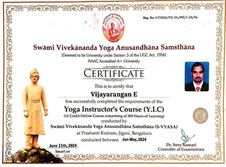 Preview of E. Vijayarangan’s S-VYASA Yoga Instructor Course certificate